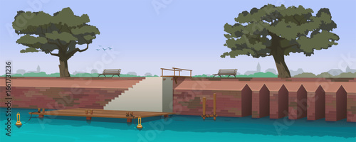 River infrastructure, wooden pier, brick dam or bridge, embankment with recreation area and boat dock. Mighty old oak trees, park and benches. City skyline in European style. Vector illustration.