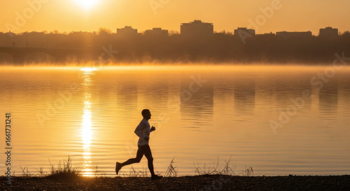 A person jogging along the lake with the backdrop of a stunning sunrise in the morning. The sunlight reflecting over water create warm vibes in the image