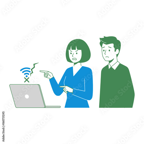 Digital Disconnect: A frustrated woman points towards a broken Wi-Fi signal on a laptop, while a concerned man looks on, highlighting the daily digital frustrations of modern life.