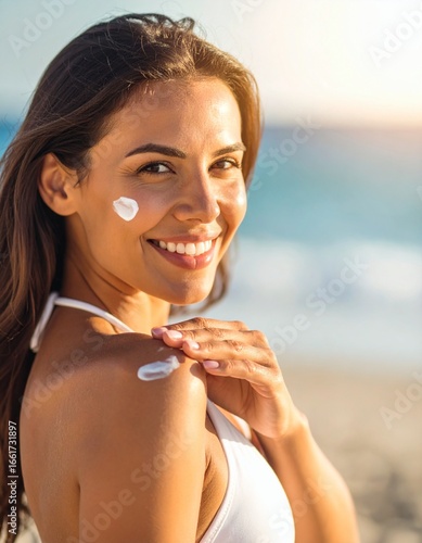 A smiling young woman applying sunscreen to her shoulder at the beach
