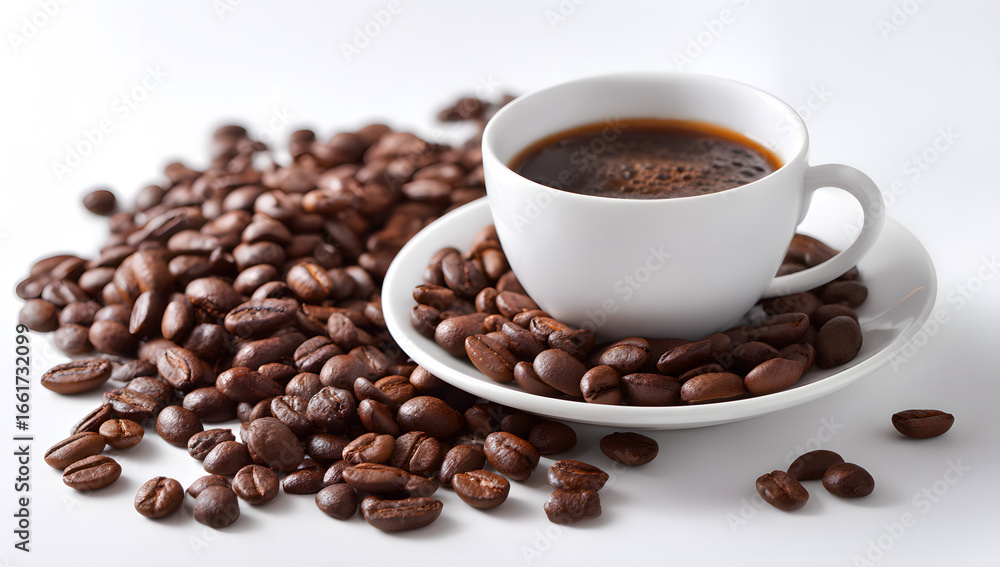 Fototapeta premium Beans and a coffee cup dislayed on a white backgroun.