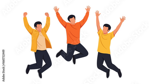 Joyful Leap: A vibrant illustration depicts three individuals soaring in a celebratory jump, arms raised high in a moment of shared elation and enthusiasm.