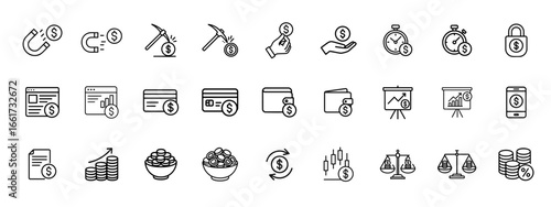 set of line and editable stock for money or coin icon  , credit Card Coin, chart coin , clock coin , phone coin . graph coin , wallet coin , lock coin vector illustration