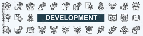 Set of 30 line icons development, growth, and progress. Perfect for business strategy, software development, personal improvement, project management, innovation. Simple vector illustration