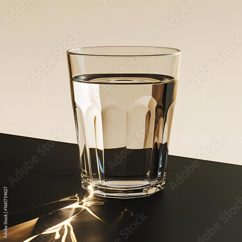 Clear glass of water on a black background with sunlight reflections, minimalistic still life, bright highlights and soft shadows