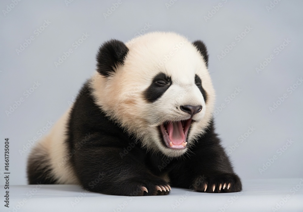 Fototapeta premium Adorable baby panda yawning with tiny teeth showing, lying down on a smooth surface against a soft gray background.