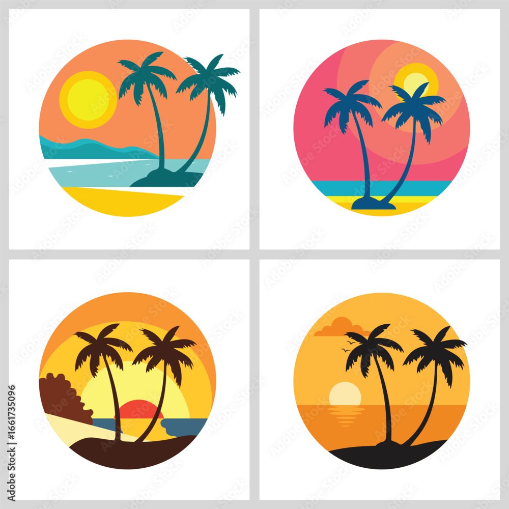 Fototapeta premium Tropical Sunset Beach Logo with Palm Trees | Summer Vacation Vector Design 