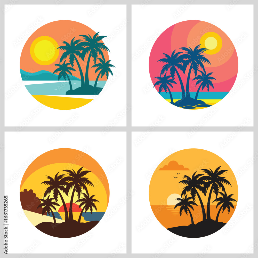 Fototapeta premium Tropical Sunset Beach Logo with Palm Trees | Summer Vacation Vector Design 