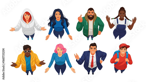 People Top View: A diverse group of people from a top-down perspective, arms outstretched in a gesture of unity, connection, and engagement. Highlighting various skin tones, hair colors, and attire. 