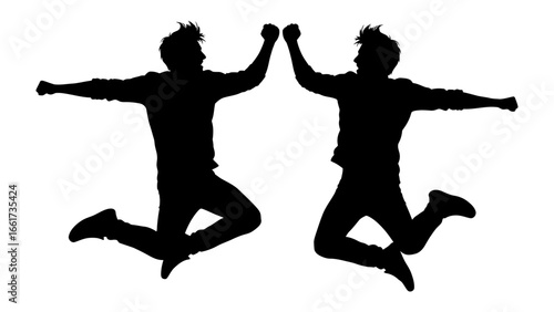 Silhouette Jump: Two figures, silhouetted against a clear background, leap in joyful synchronicity, arms outstretched in a moment of vibrant energy and shared elation.
