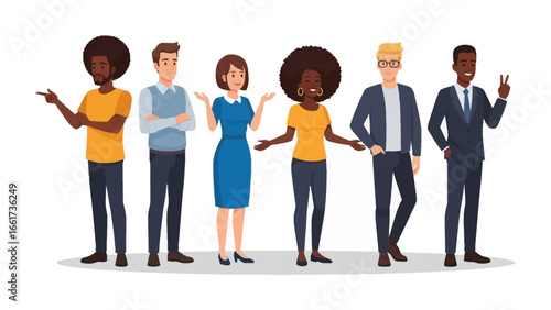 Business Team Members in a row: A diverse group of business team members standing in a row. Expressing a blend of work environments and people working together.