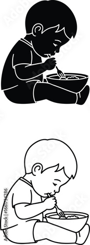Child eating from bowl, black and white vector, silhouette and outline style, toddler mealtime illustration, spoon feeding concept, editable graphic design