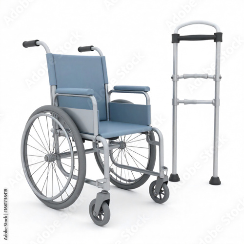 A 3D rendering of a wheelchair and a walker