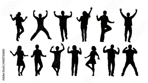 Dynamic Silhouettes in Motion: A collection of human silhouettes in a variety of energetic poses, representing movement, freedom, and diverse expressions.