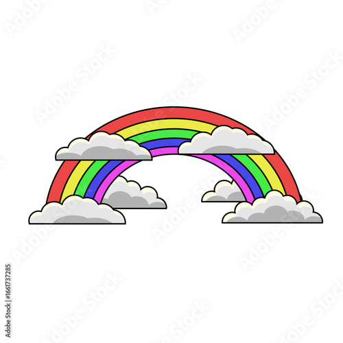 Rainbow Behind the Clouds Flat Design Vector Cartoon Illustration 