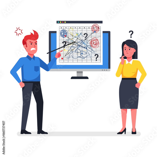 Navigating Uncertainty: A frustrated individual confronts an equally perplexed counterpart before a screen displaying a complex and ambiguous schematic.