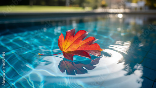 First red autumn leaf on the water surface of the pool. Symbol of the outgoing summer and the coming autumn.
