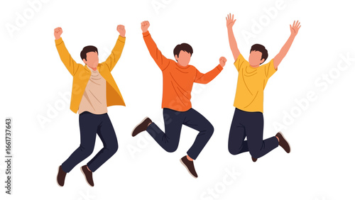 Triumphant Leap: Three figures, filled with elation, leap into the air, their arms raised in a joyous expression of victory, showcasing unity and triumph. 