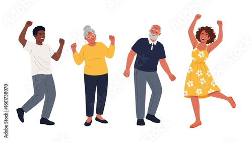 Joyful Group Dancing: A diverse group dances with infectious energy, spreading happiness in a flat illustration style. Capturing the essence of togetherness and celebration