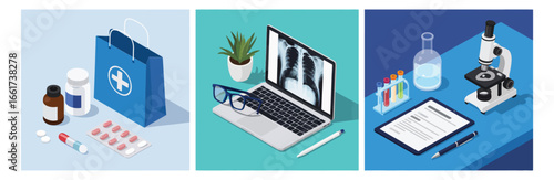 Vector art of isometric illustration of medical supplies, including a bag, medicine, tablets, syringe, laptop with xray, microscope, test tubes, and a report