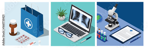 Vector art of isometric illustration of medical supplies, including a bag, medicine, tablets, syringe, laptop with xray, microscope, test tubes, and a report