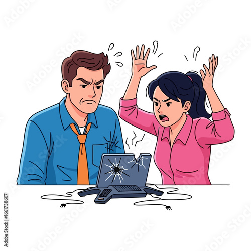 Computer Meltdown: A stressed couple confronts a shattered laptop amidst the chaos of a tech malfunction, portraying frustration and digital distress.