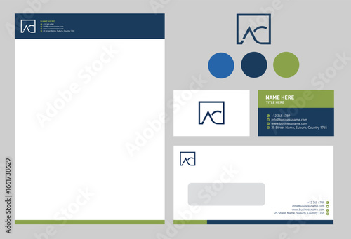 Brand Identity AC Logo Initials Letter Logo Modern Minimalist Corporate Business Card Letterhead Envelope Colors Design Vector Graphic Template Creative Isolated Green Blue Futuristic Idea Mockup 