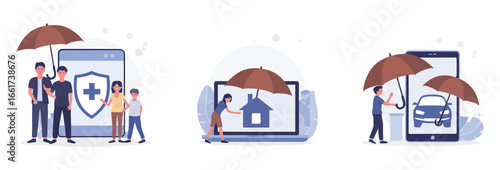 Vector art of comprehensive insurance solutions safeguarding your familys health, home, and vehicle with tailored policies for financial security and peace of mind