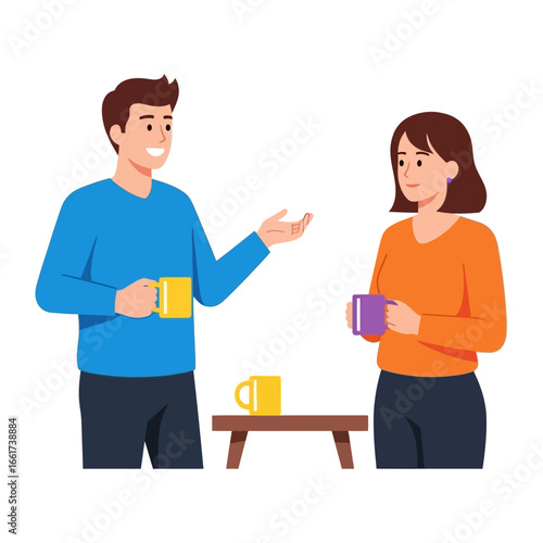 Coffee break conversation: A relaxed cartoon depicts a man and woman enjoying a coffee break conversation, cup in hand, sharing stories and ideas while relaxing in a friendly and informal environment.