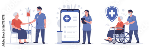 Vector art of healthcare professionals providing medical assistance and support to elderly patients, showcasing modern healthcare technology and insurance coverage