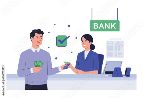 Vector art of a customer is making a cash transaction at a bank, where a bank teller is assisting with the exchange of money, representing financial services