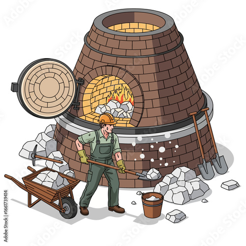 Lime Kiln Production: A Worker at a Furnace