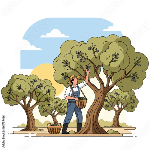 A male farmer in a hat and overalls is harvesting olives from an olive tree in an orchard, with other olive trees and baskets in the background