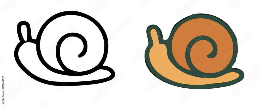 Fototapeta premium Simple snail illustrations in black and white line art and a colored version.