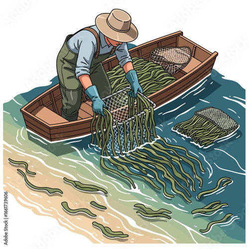 Vector illustration of a seaweed harvester collecting algae from the ocean on a boat. Ocean farming and coastal aquaculture concept