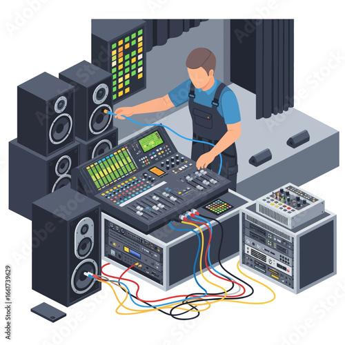 Isometric vector illustration of a sound technician working with a professional audio mixing console and speakers for a live event