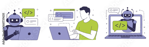 Vector art of ai chatbot concept robot assisting with coding, programming, and software development on a laptop, providing virtual support and assistance