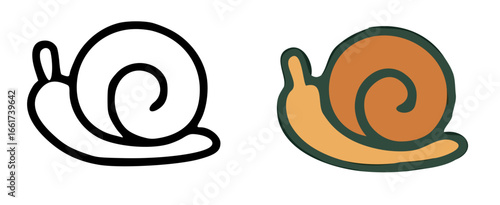 Simple snail illustrations in black and white line art and a colored version.