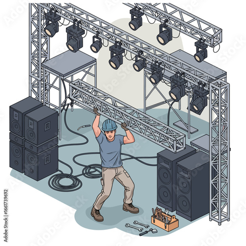 Isometric vector illustration of a stage setup laborer lifting a truss with lights and speakers for a live event