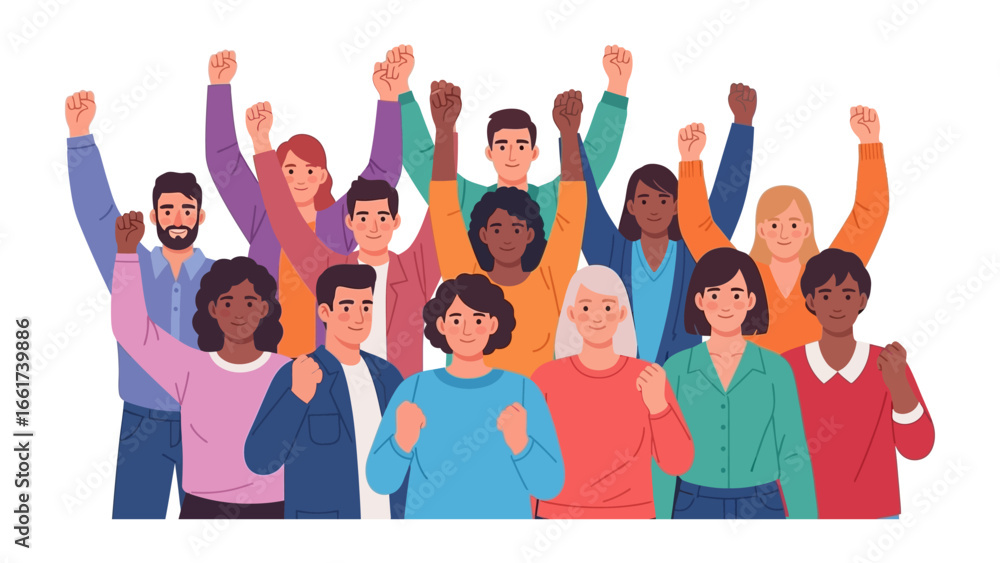 Obraz premium People Power: A vibrant illustration showcases a diverse group of individuals united in a gesture of solidarity and empowerment, celebrating the strength in numbers and collective action. 