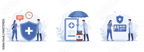 Vector art of health insurance concept doctor and patient discussing medical coverage, protection with shield, umbrella, and id card for healthcare services