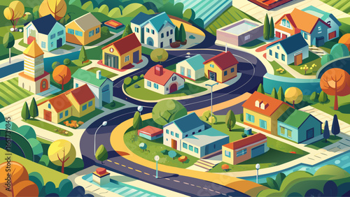 The neighborhood development displays balanced geometry, winding paths, clustered homes, peaceful blocks, sunlight reflections, patterned gardens, colorful roofs, welcoming atmosphere, serene living, 