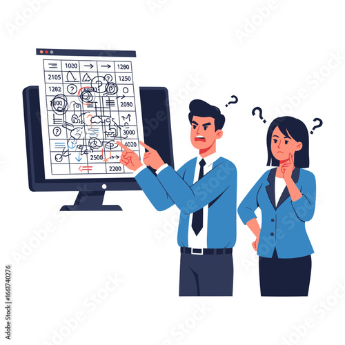 Confused Team in Front of Data: A perplexed team confronts complex data displayed on a computer screen, illustrating the challenges and confusion associated with overwhelming information.