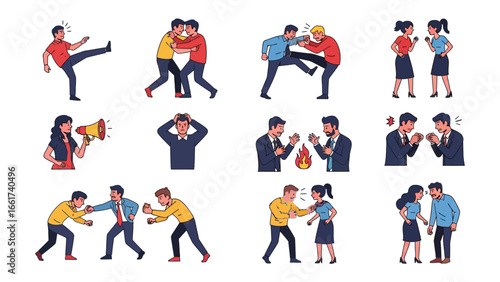Conflict and Confrontation Illustration Set: A collection of illustrations depicting diverse scenarios of conflict, including physical altercations, heated arguments, and moments of frustration.
