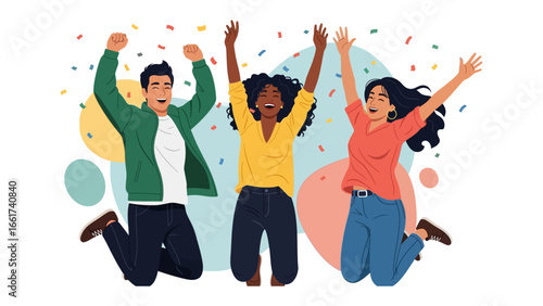 Joyful Celebration: A vibrant illustration captures a trio of diverse individuals exuberantly celebrating amidst a shower of colorful confetti, capturing the essence of pure jubilation.