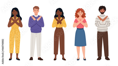 Silent Protest: A group of individuals from various backgrounds stand united, arms crossed in a powerful symbol of solidarity, advocating for change and expressing disapproval through silent means.