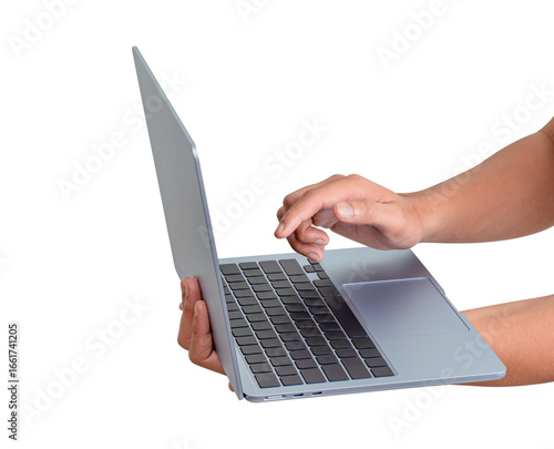 Wallpaper Mural Side view of hands using modern laptop isolated on transparent PNG. Concept for technology, business, finance and advertising. Torontodigital.ca