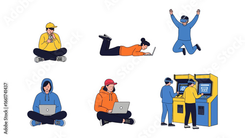Modern Digital Life: A collection of diverse individuals engrossed in a variety of digital activities, illustrating the modern era of connectivity and entertainment through illustration style art.