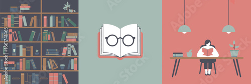 A triptych illustration depicting a bookshelf, an open book with glasses, and a person reading at a desk