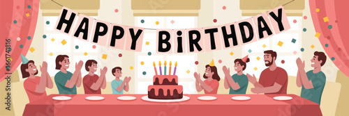 A family celebrating a birthday with cake and decorations in a brightly lit indoor setting scene illustration